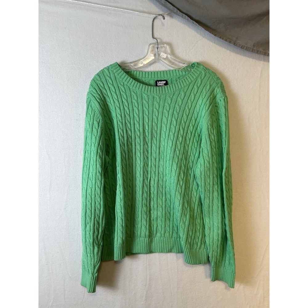 Lands End Drifter Green Cable Knit Crew Neck Sweater Womens Large 14-16